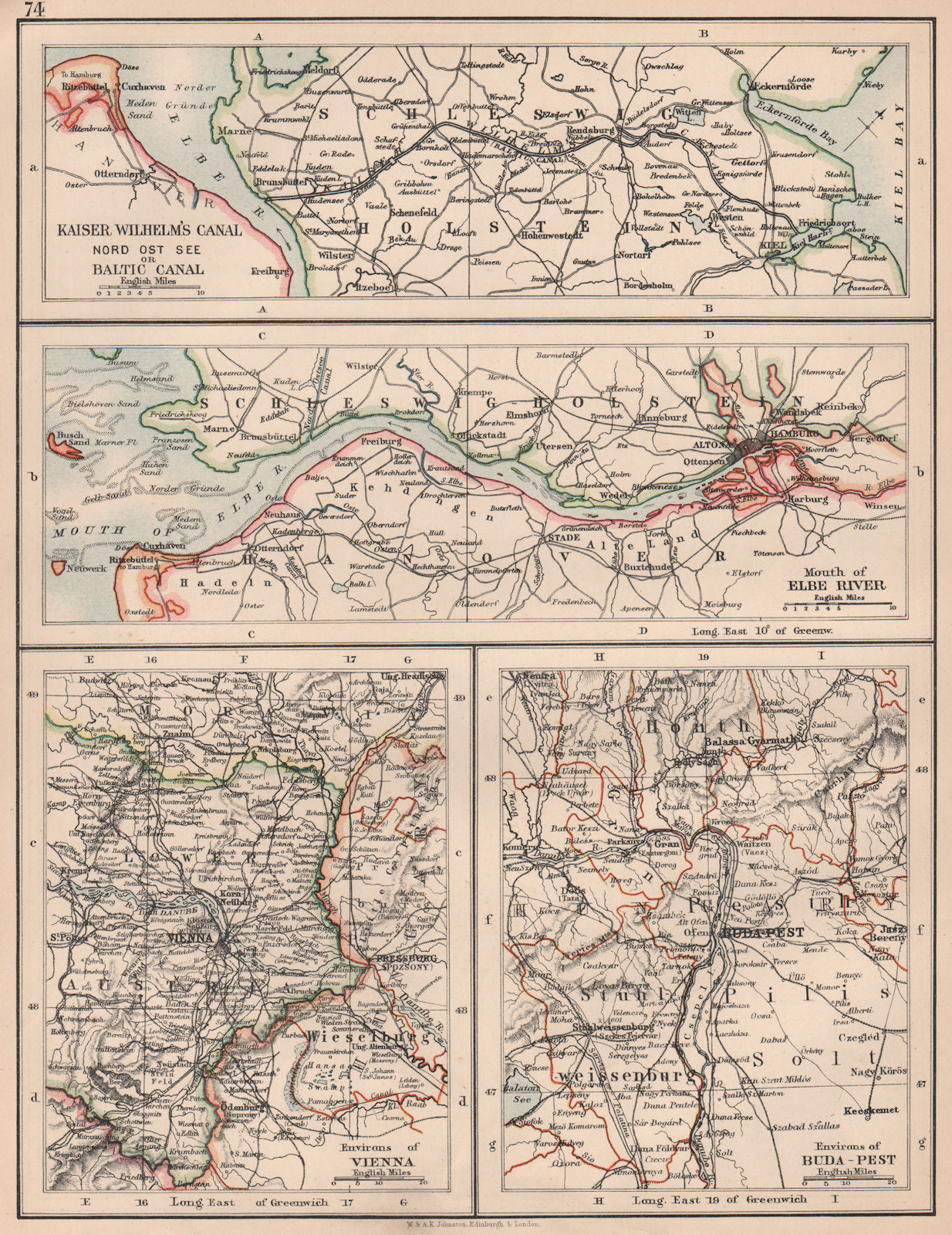 SCHLESWIG WATERWAYS. C EUROPE CITIES. Kiel Canal Elbe Vienna Budapest 1906 map